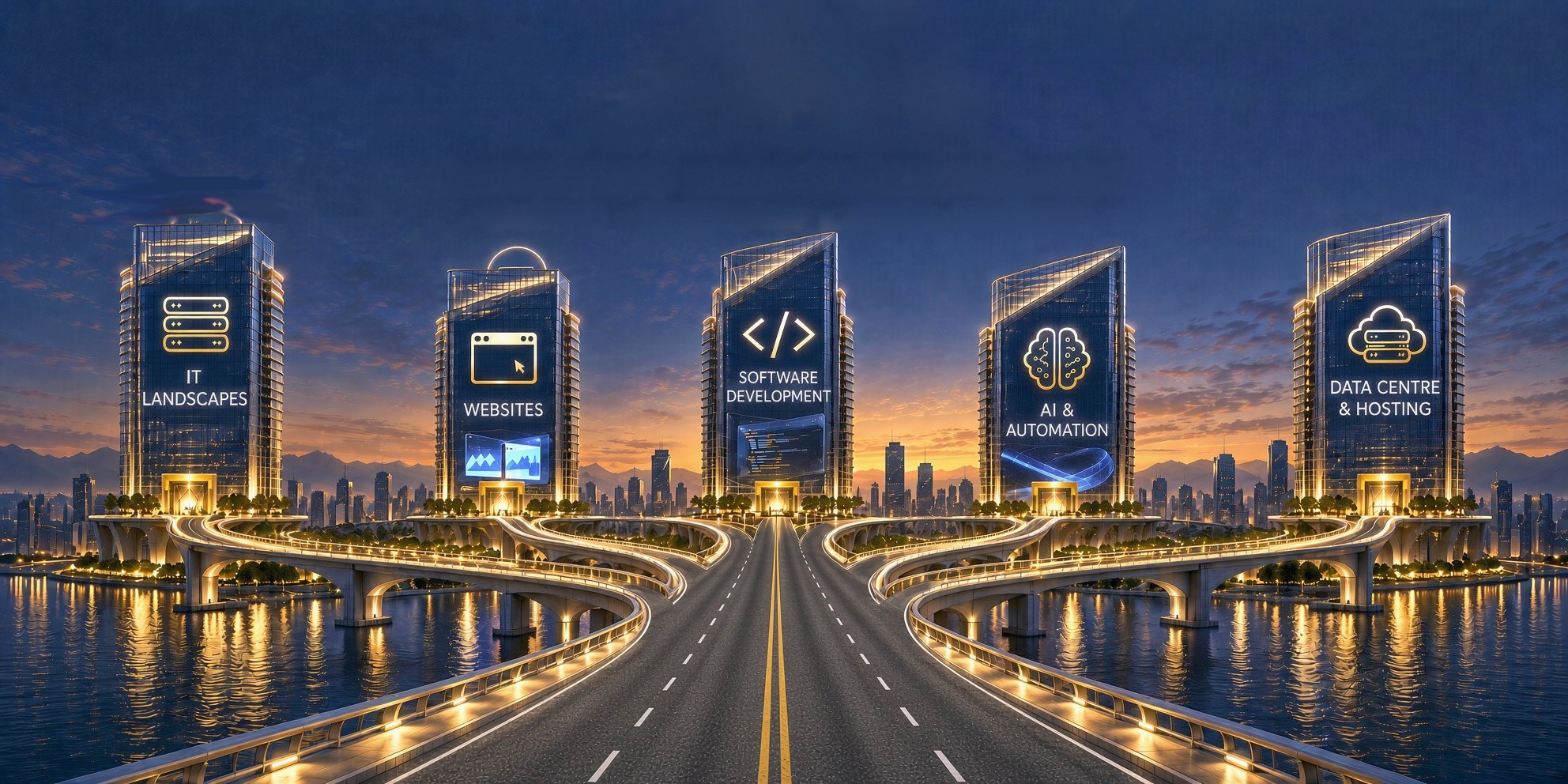 A city at dusk. A wide bridge road splits into five roads, each leading to the tower of one business field.